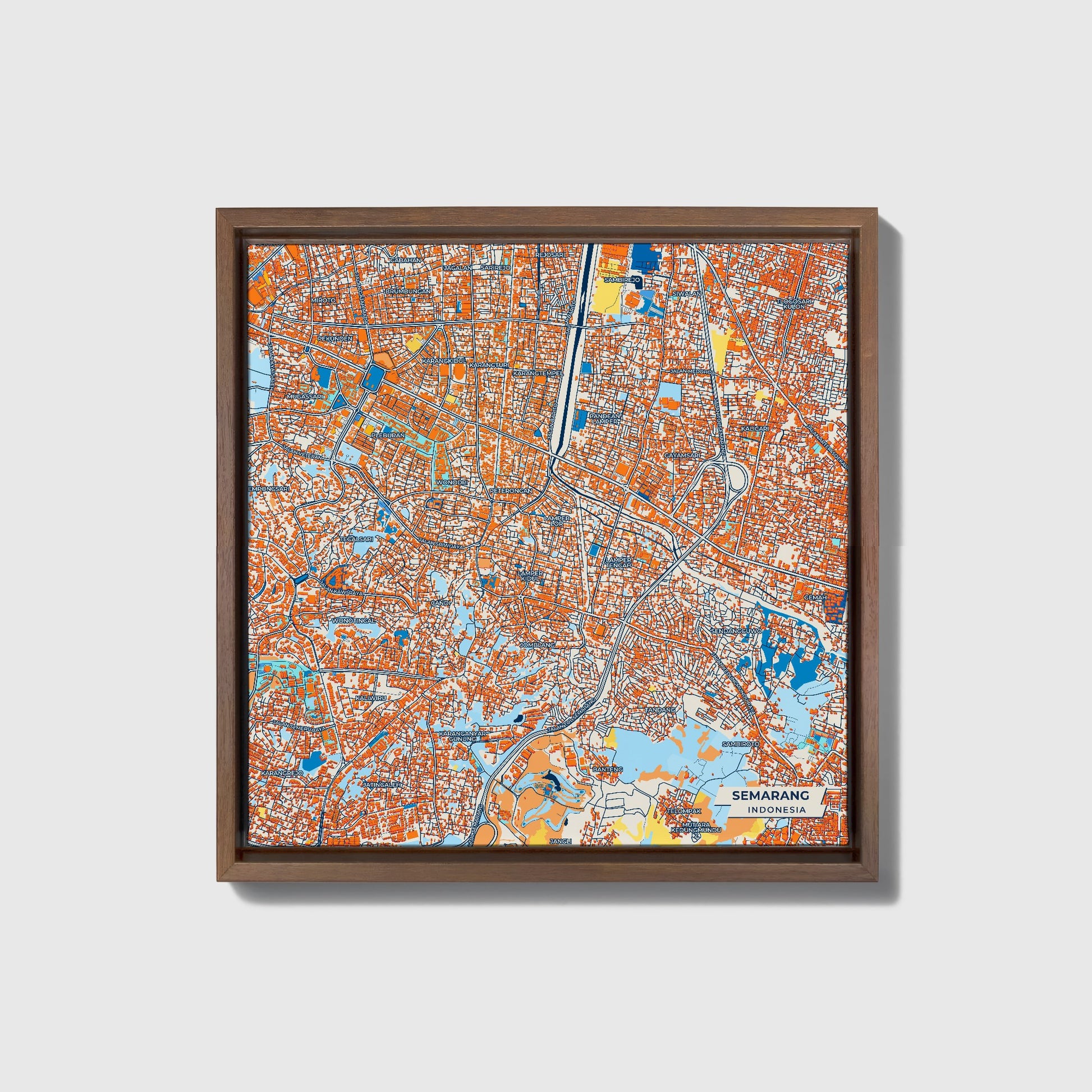 Semarang Indonesia Colorful City Map Canvas Print • Dark Wooden Framed