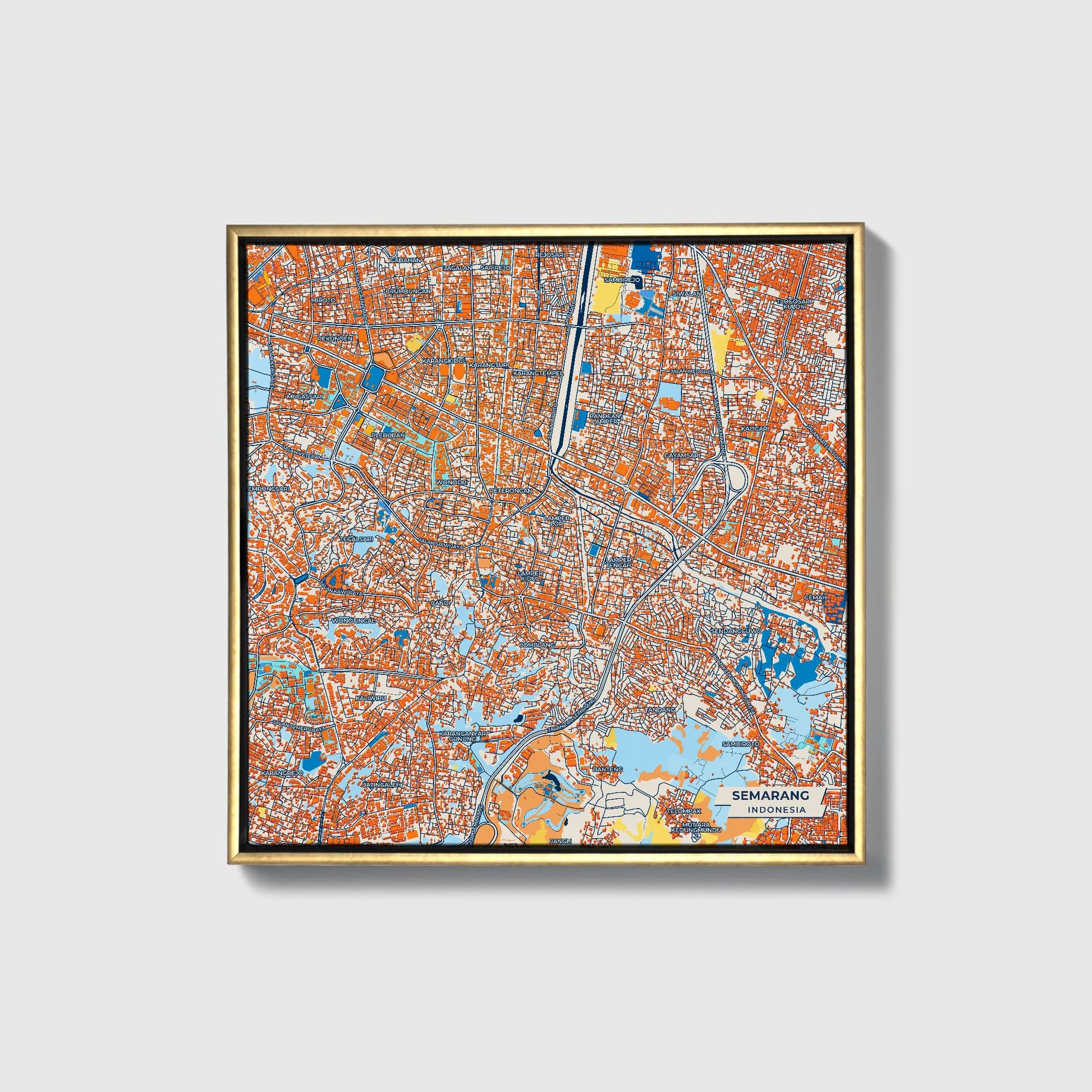 Semarang Indonesia Colorful City Map Canvas Print • Gold Framed