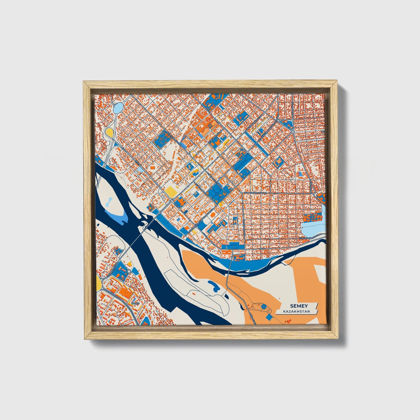 Semey Kazakhstan Colorful City Map Canvas Print • Natural Wooden Framed