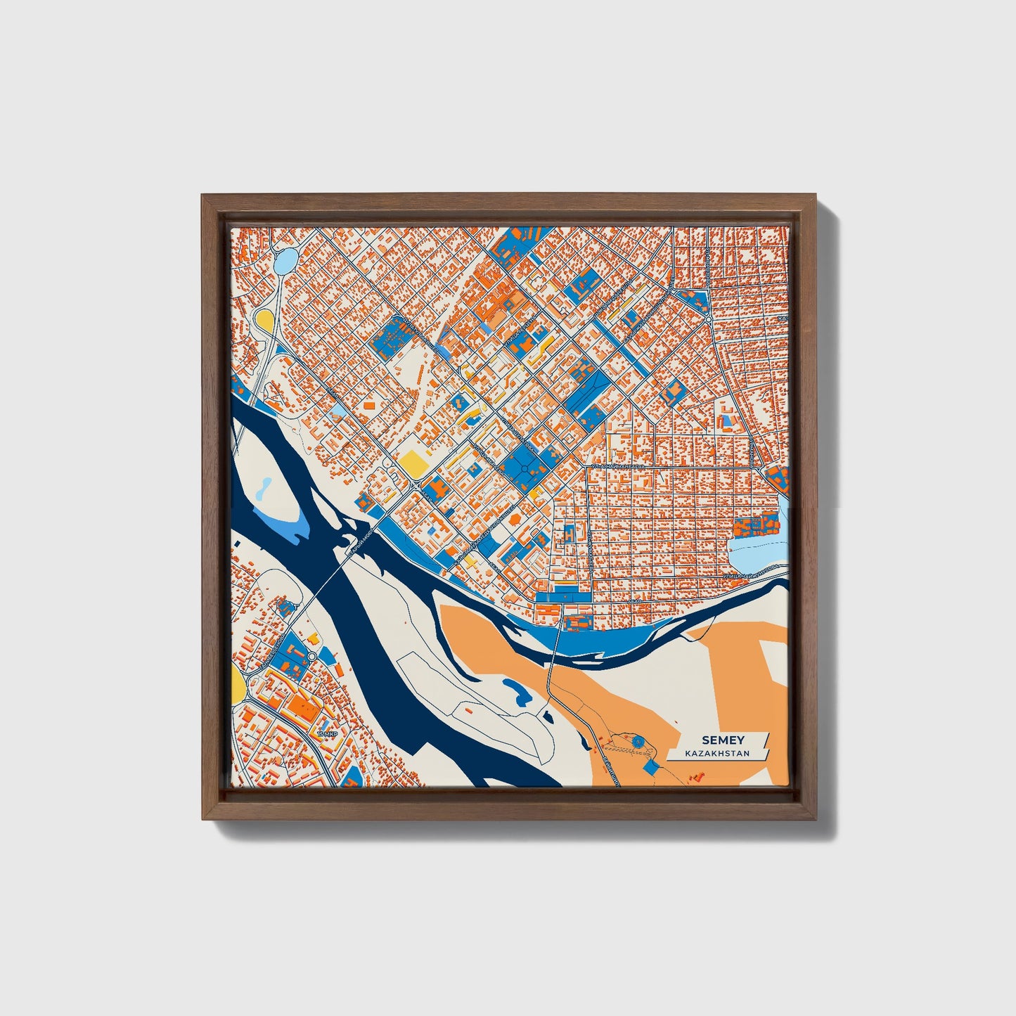 Semey Kazakhstan Colorful City Map Canvas Print • Dark Wooden Framed