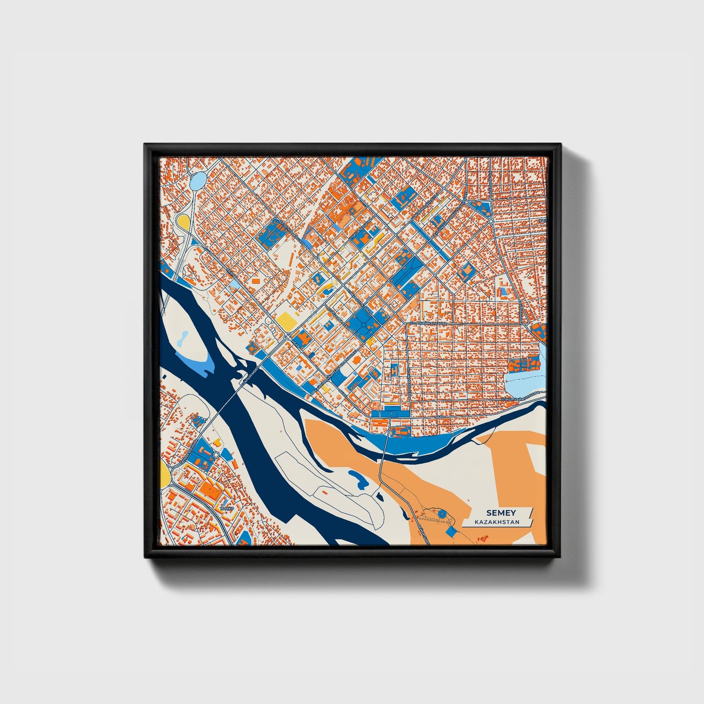 Semey Kazakhstan Colorful City Map Canvas Print • Black Framed