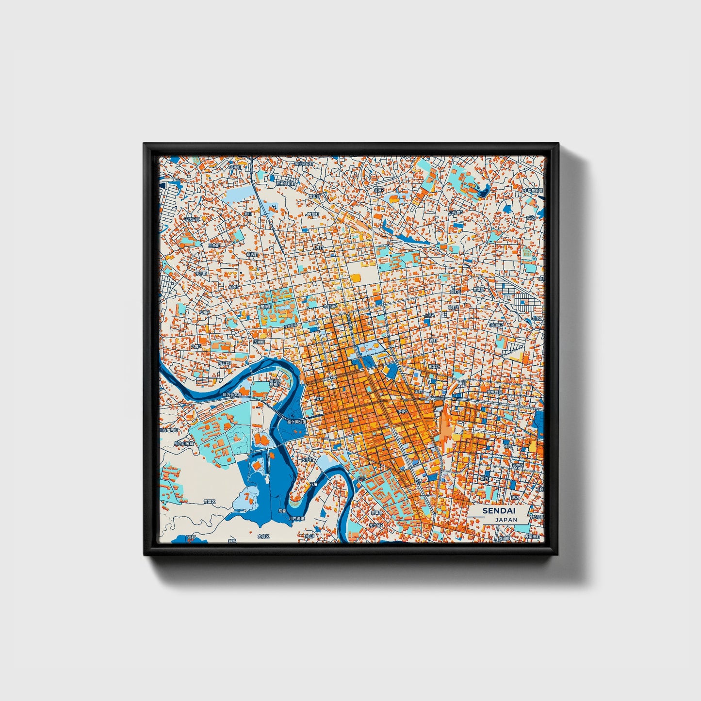 Sendai Japan Colorful City Map Canvas Print • Black Framed