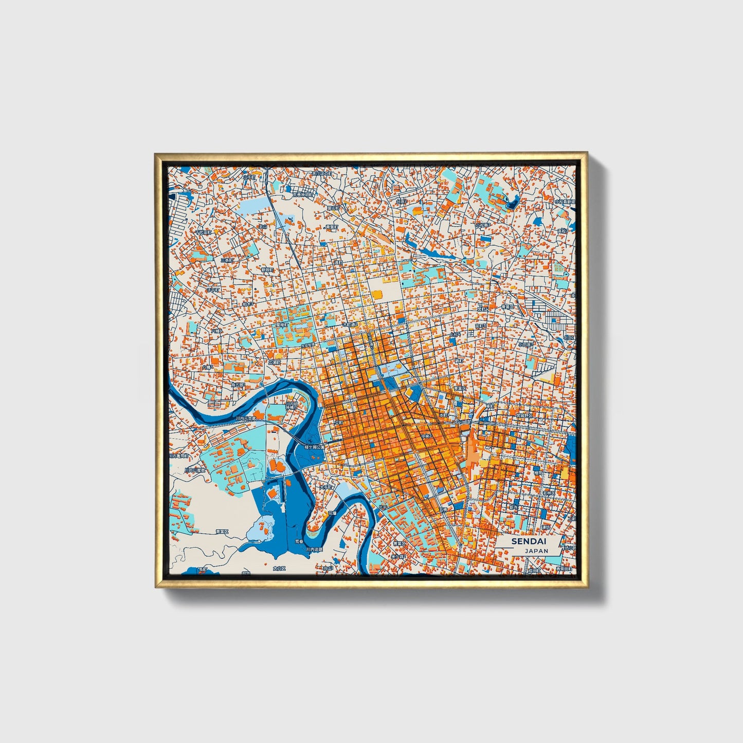 Sendai Japan Colorful City Map Canvas Print • Gold Framed