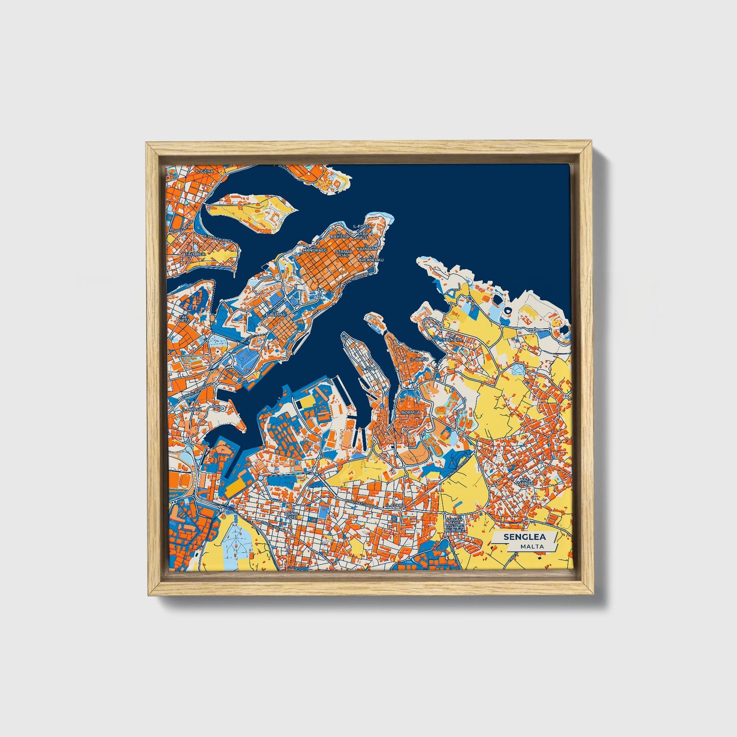 Senglea Malta Colorful City Map Canvas Print • Natural Wooden Framed