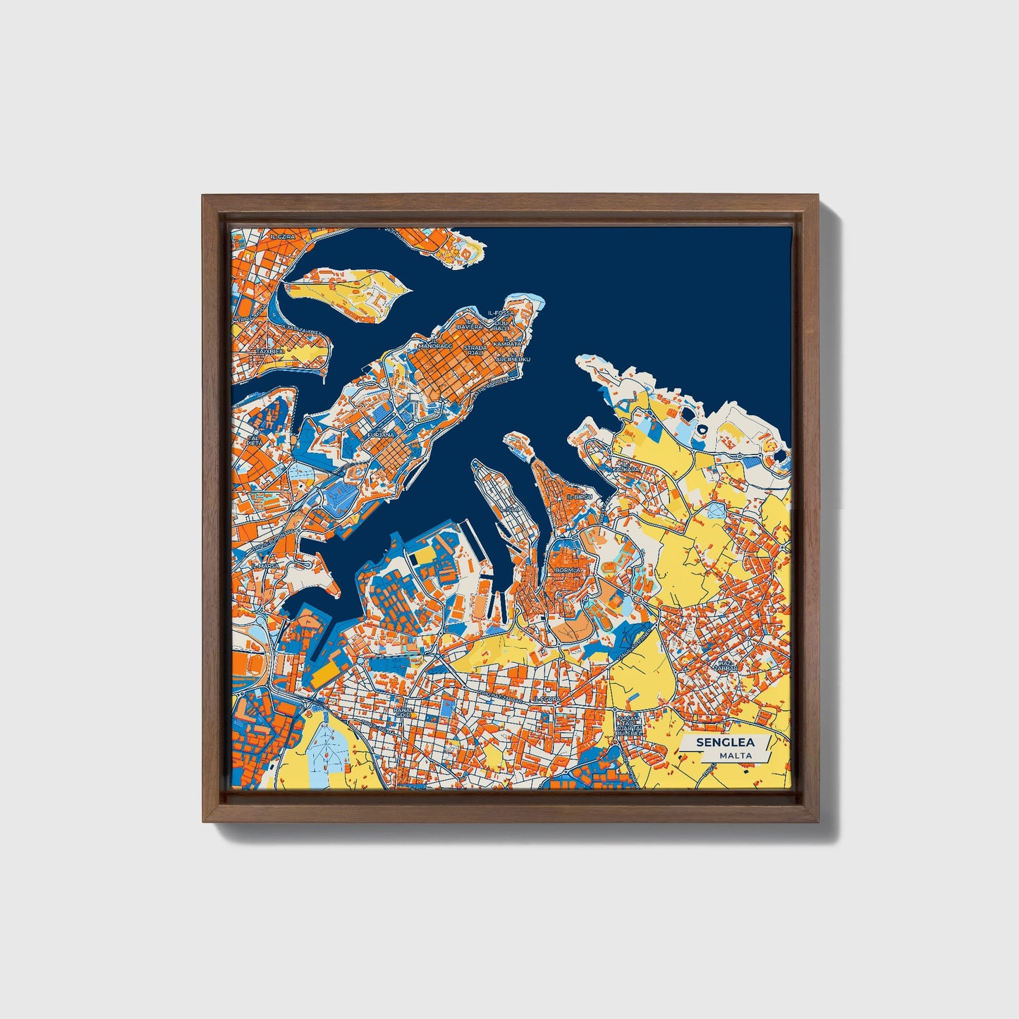 Senglea Malta Colorful City Map Canvas Print • Dark Wooden Framed
