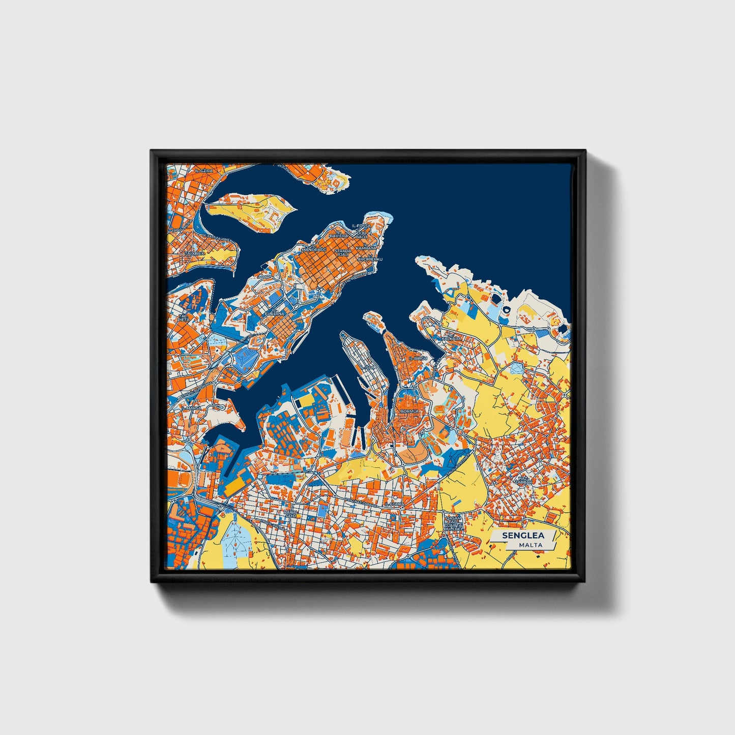 Senglea Malta Colorful City Map Canvas Print • Black Framed