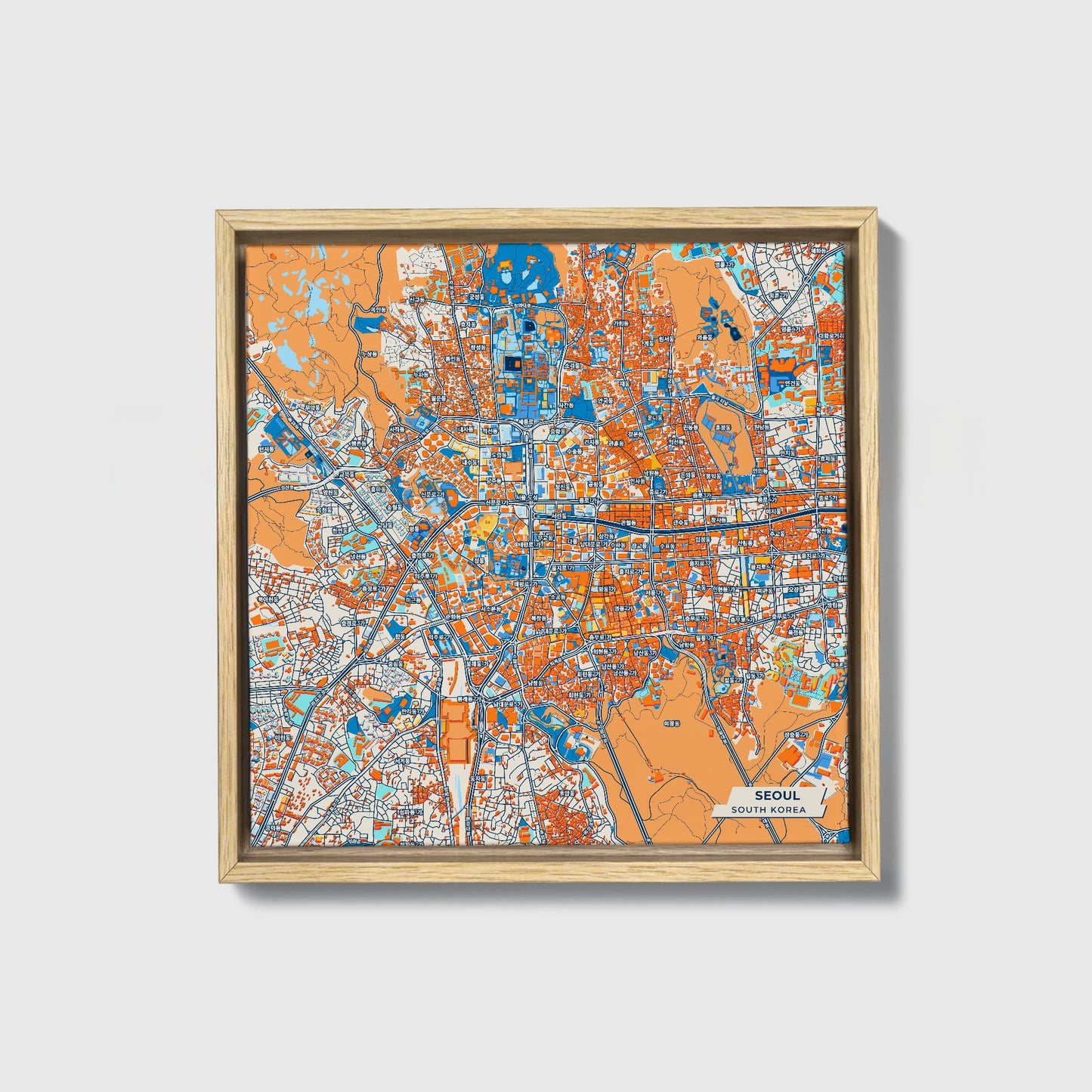 Seoul South Korea Colorful City Map Canvas Print • Natural Wooden Framed