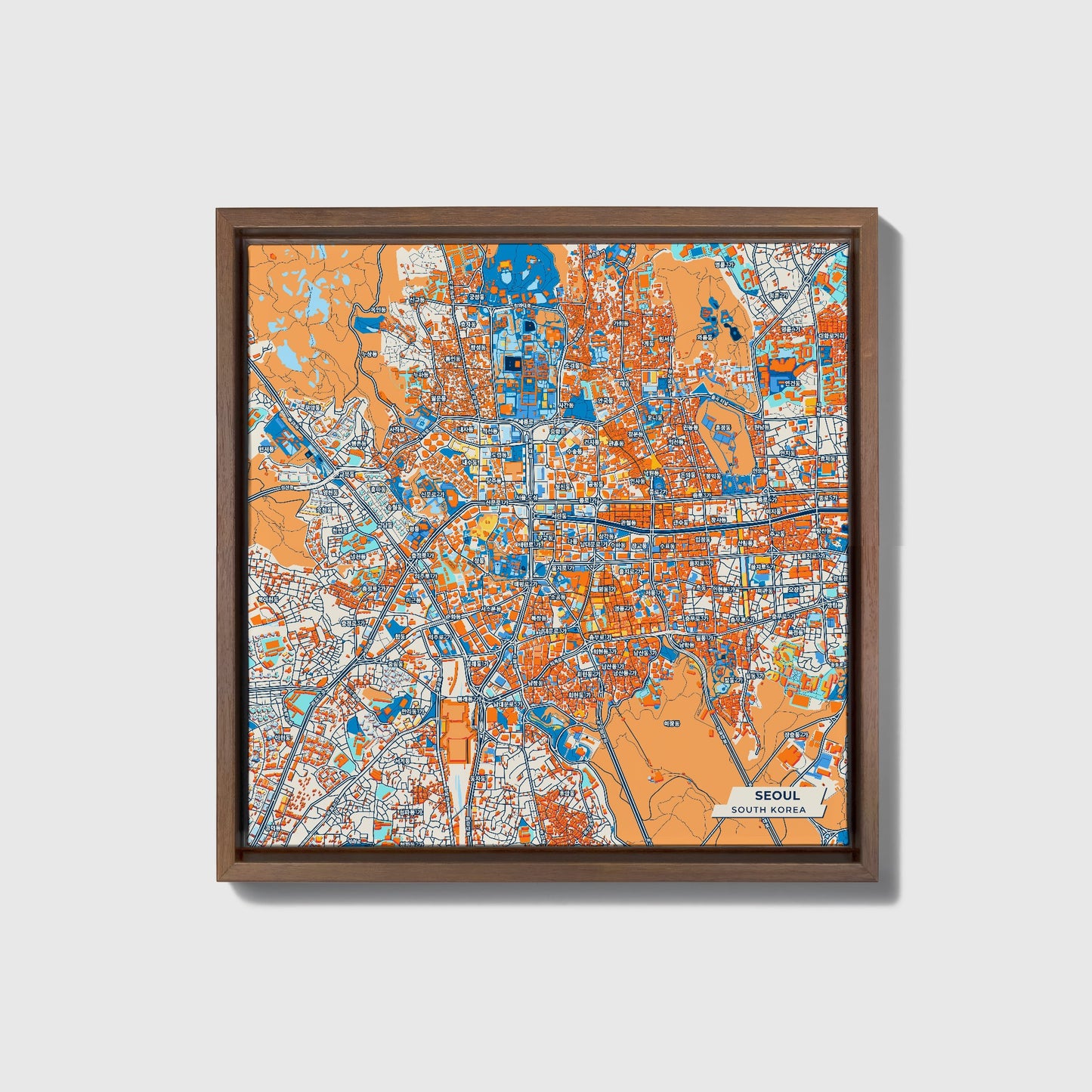 Seoul South Korea Colorful City Map Canvas Print • Dark Wooden Framed