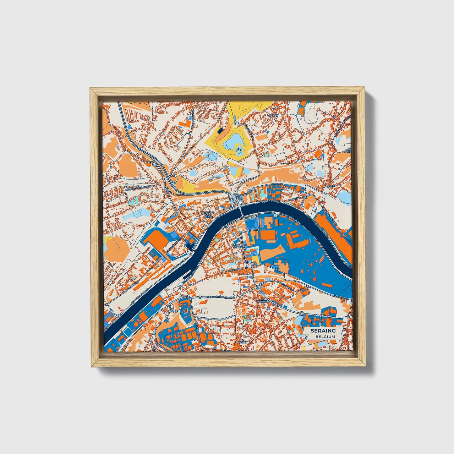 Seraing Belgium Colorful City Map Canvas Print • Natural Wooden Framed