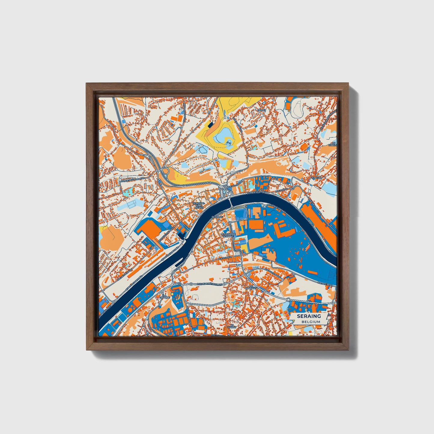 Seraing Belgium Colorful City Map Canvas Print • Dark Wooden Framed