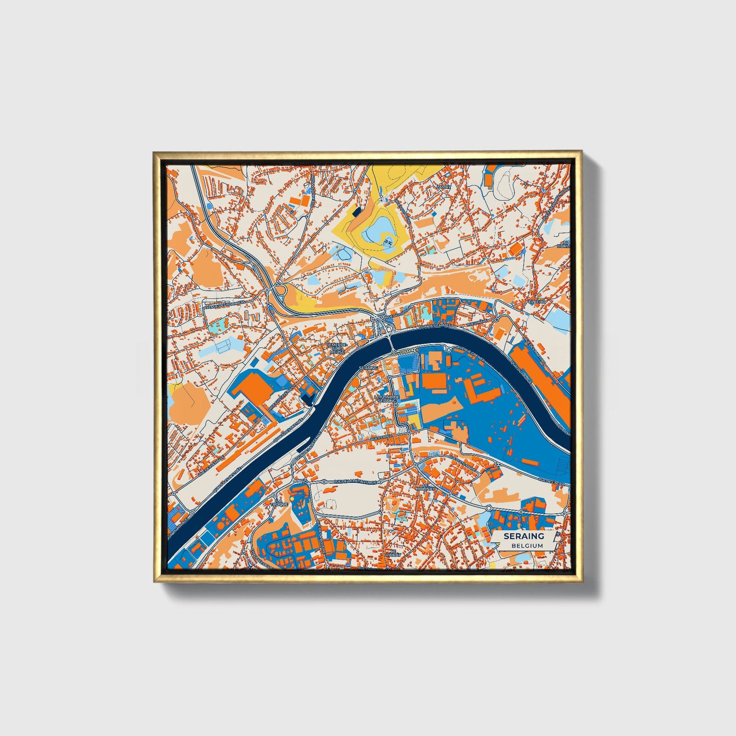 Seraing Belgium Colorful City Map Canvas Print • Gold Framed