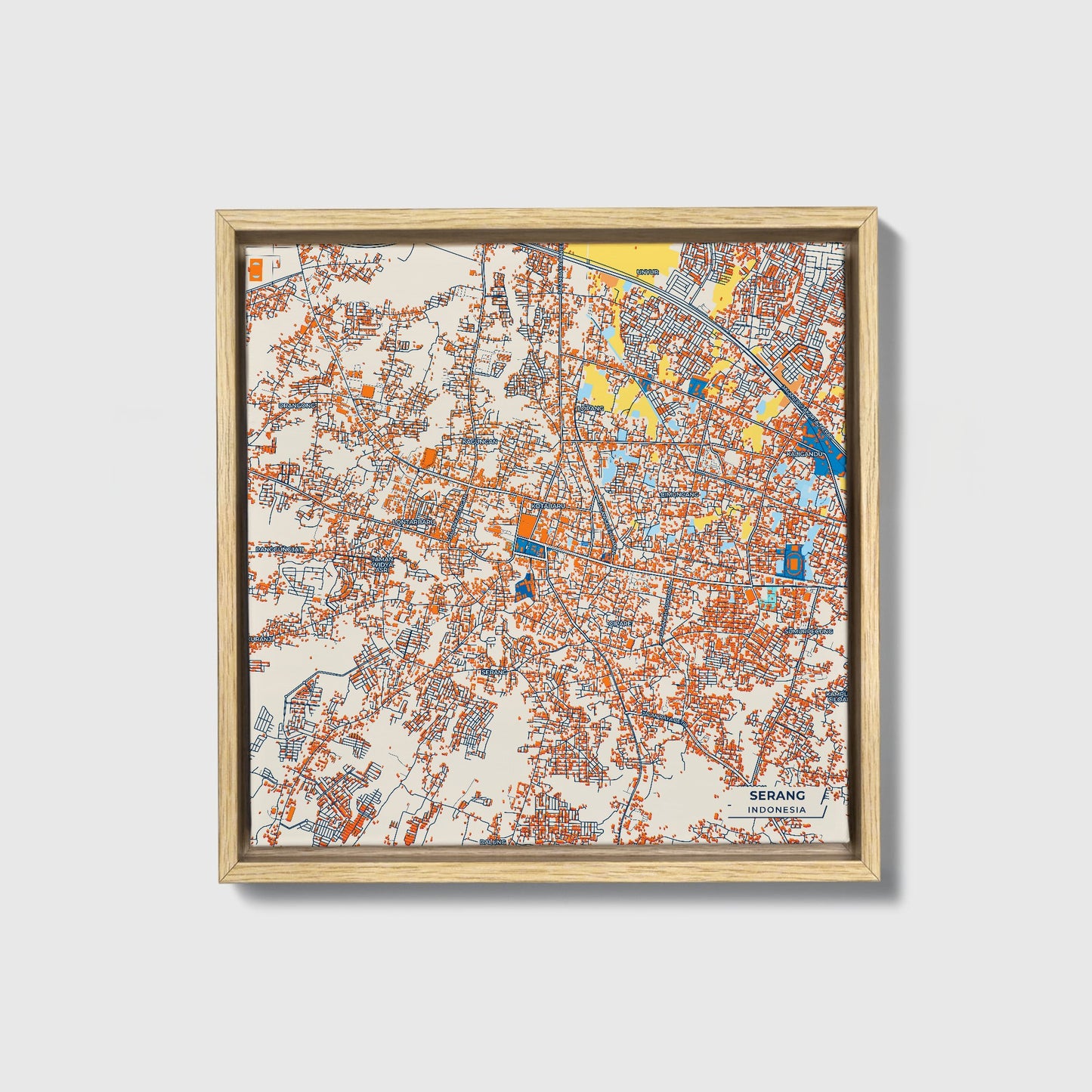 Serang Indonesia Colorful City Map Canvas Print • Natural Wooden Framed