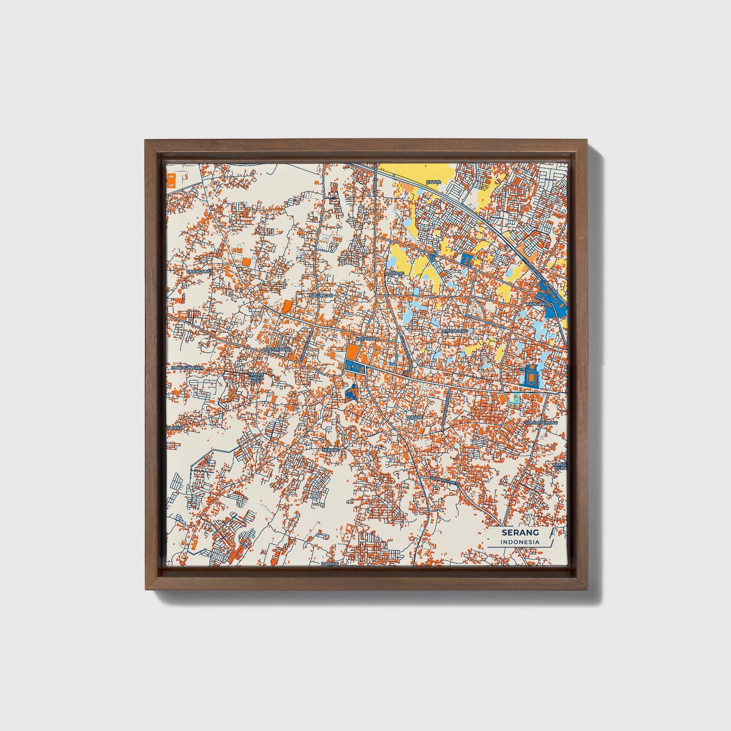 Serang Indonesia Colorful City Map Canvas Print • Dark Wooden Framed