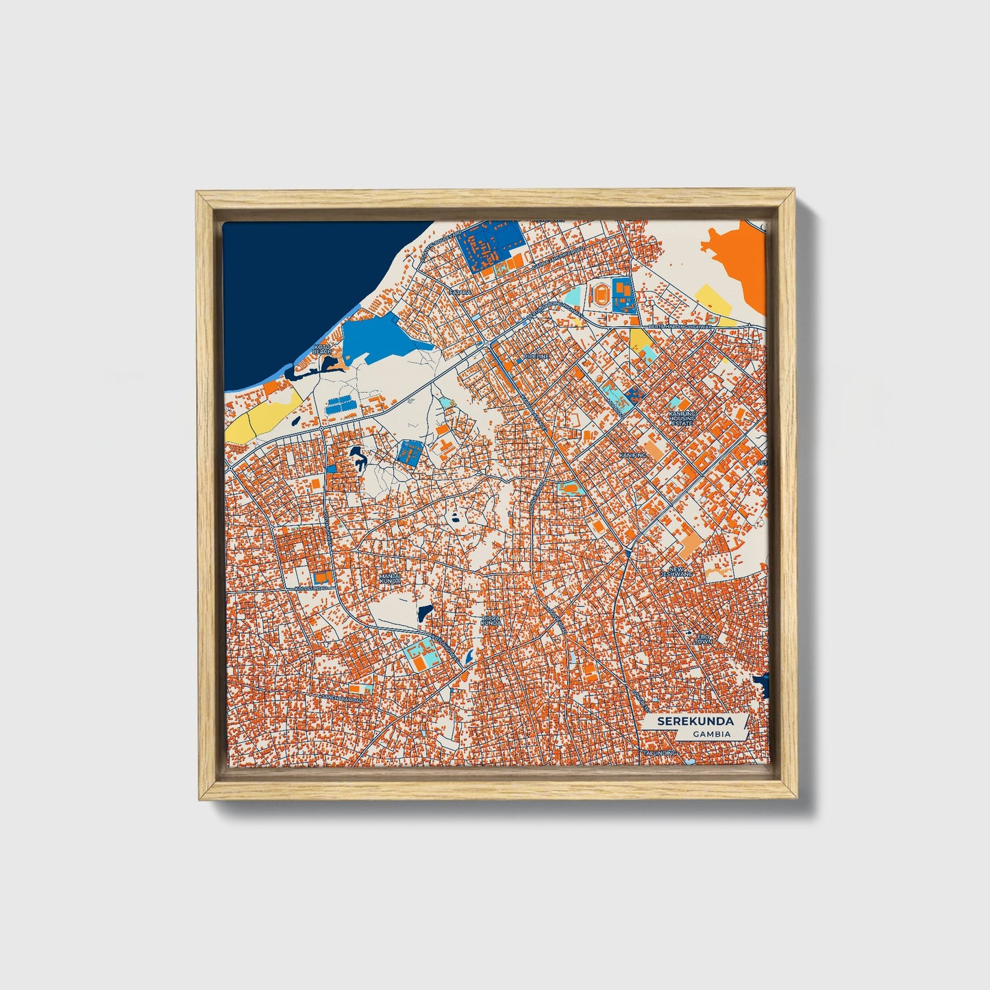 Serekunda Gambia Colorful City Map Canvas Print • Natural Wooden Framed
