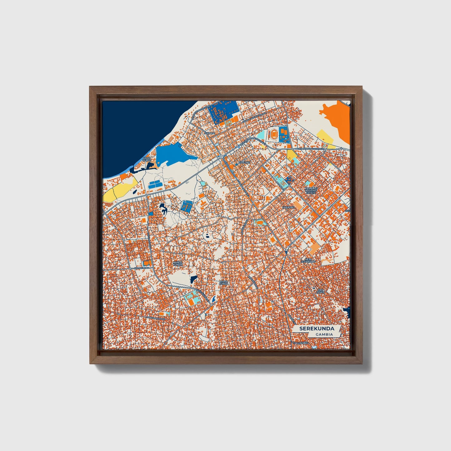 Serekunda Gambia Colorful City Map Canvas Print • Dark Wooden Framed
