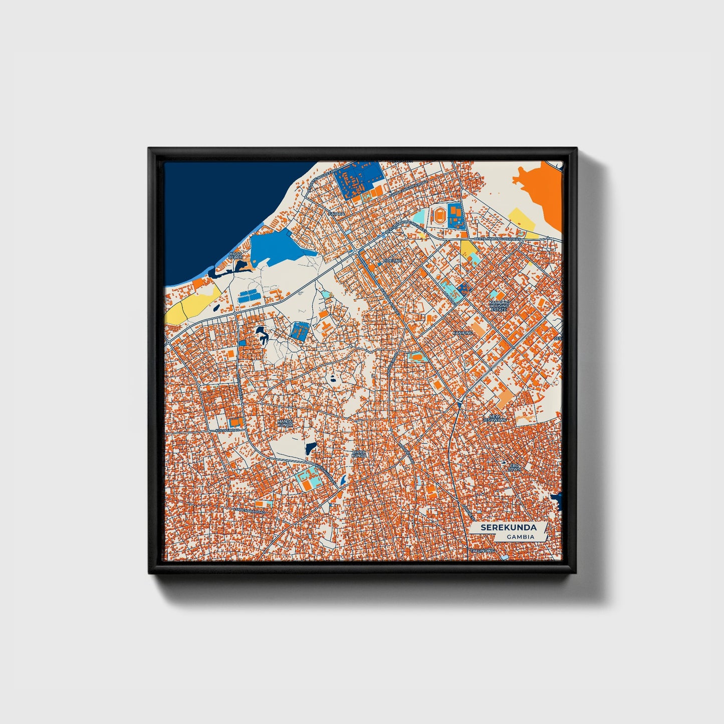 Serekunda Gambia Colorful City Map Canvas Print • Black Framed