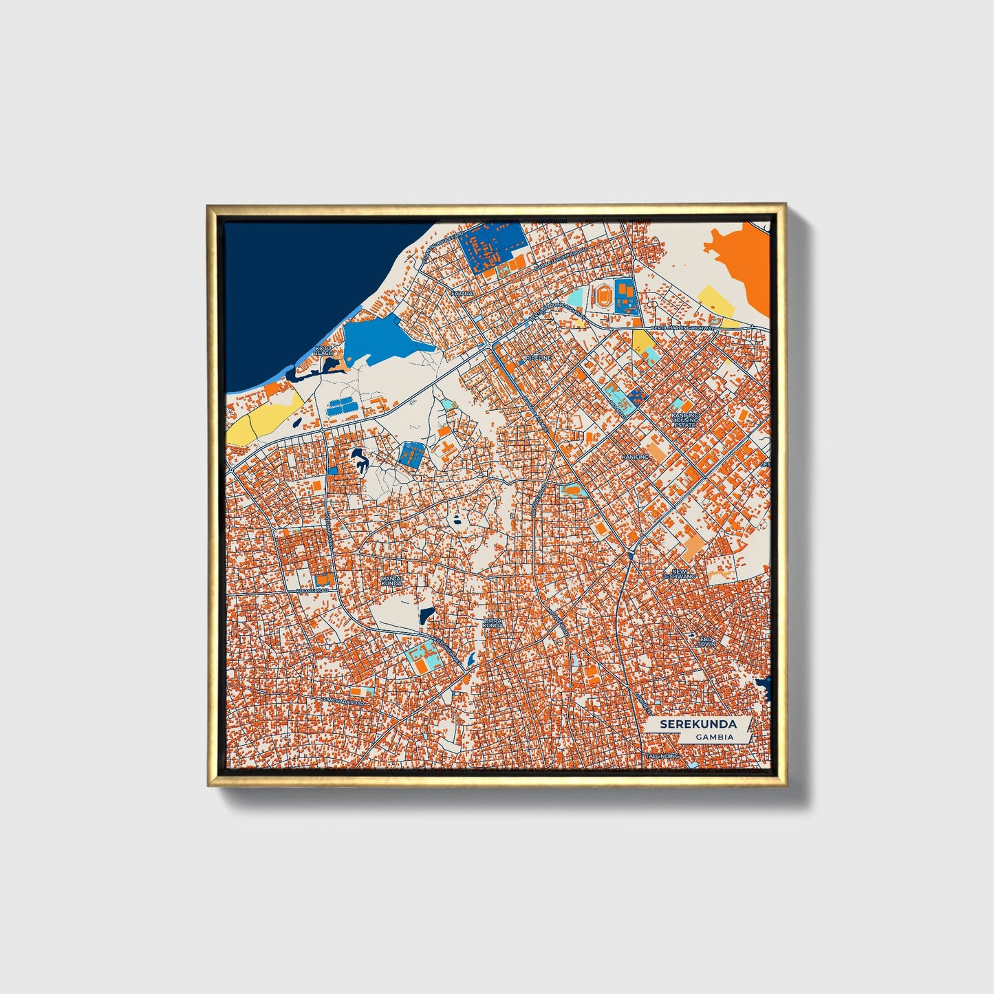 Serekunda Gambia Colorful City Map Canvas Print • Gold Framed