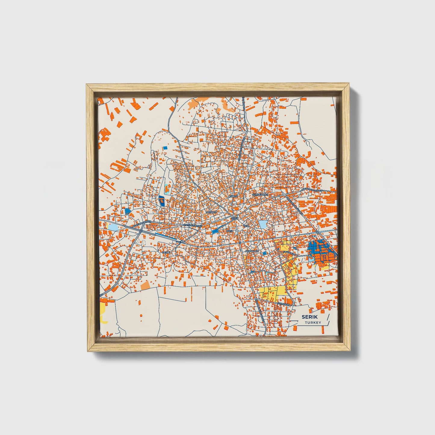 Seri̇k Turkey Colorful City Map Canvas Print • Natural Wooden Framed
