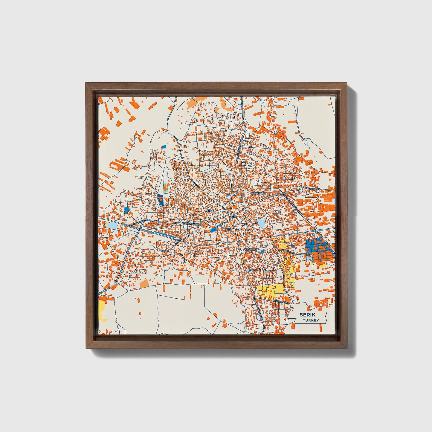 Seri̇k Turkey Colorful City Map Canvas Print • Dark Wooden Framed