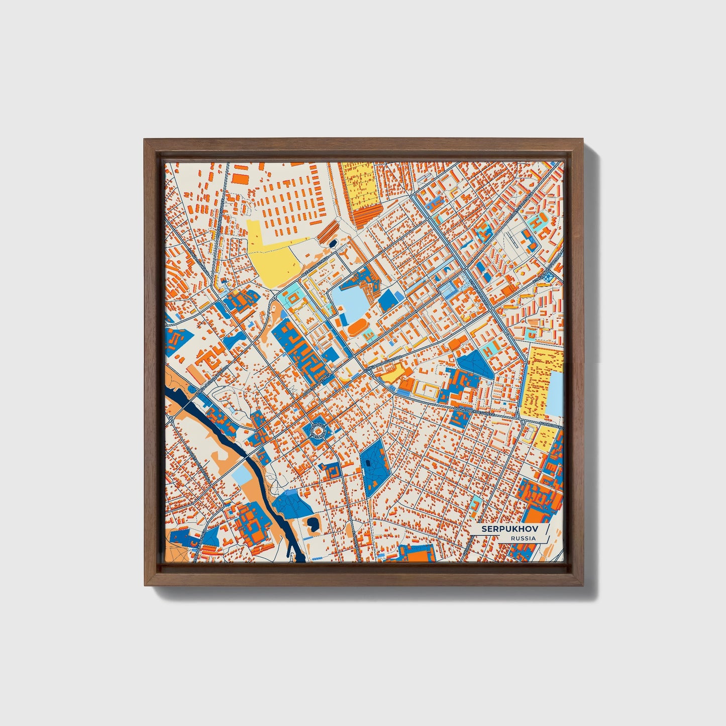 Серпуховский Russia Colorful City Map Canvas Print • Dark Wooden Framed