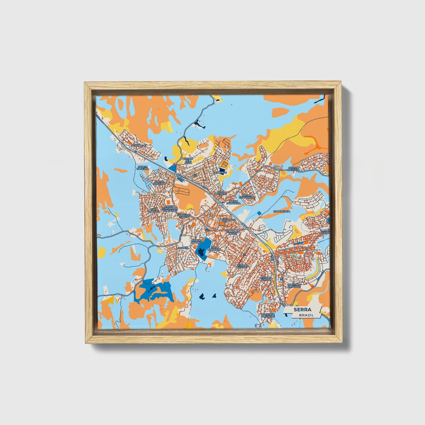 Serra Brazil Colorful City Map Canvas Print • Natural Wooden Framed