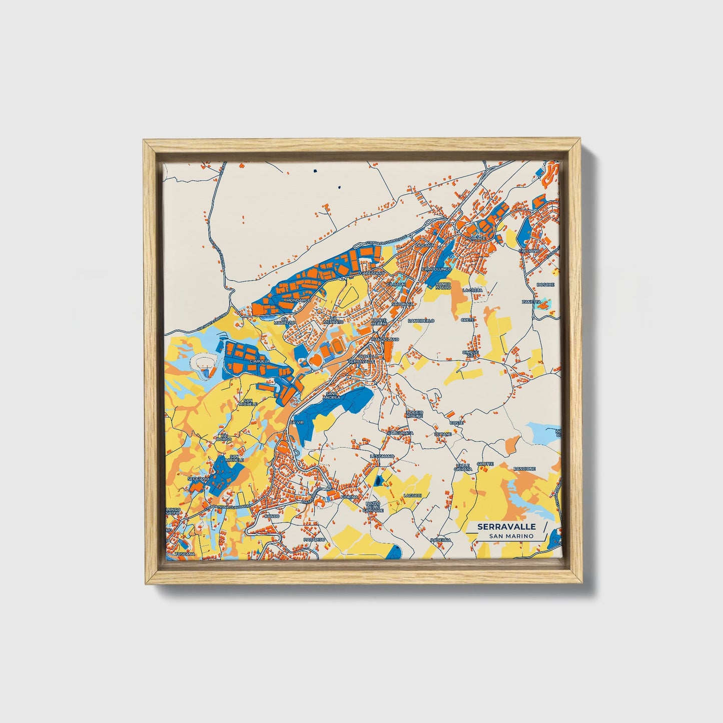 Serravalle San Marino Colorful City Map Canvas Print • Natural Wooden Framed