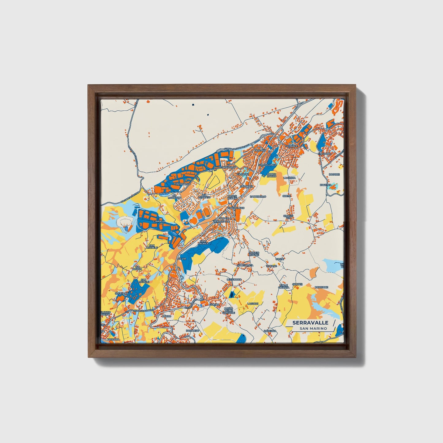 Serravalle San Marino Colorful City Map Canvas Print • Dark Wooden Framed