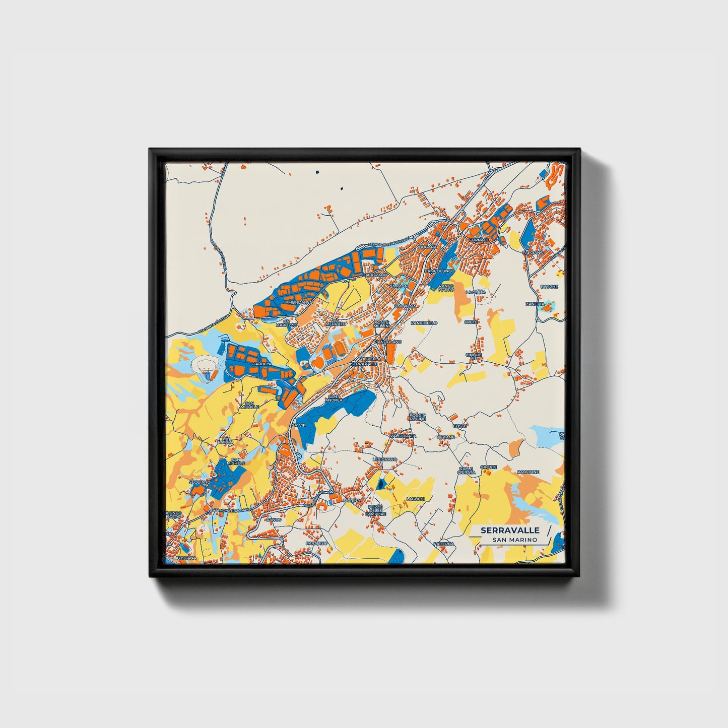 Serravalle San Marino Colorful City Map Canvas Print • Black Framed