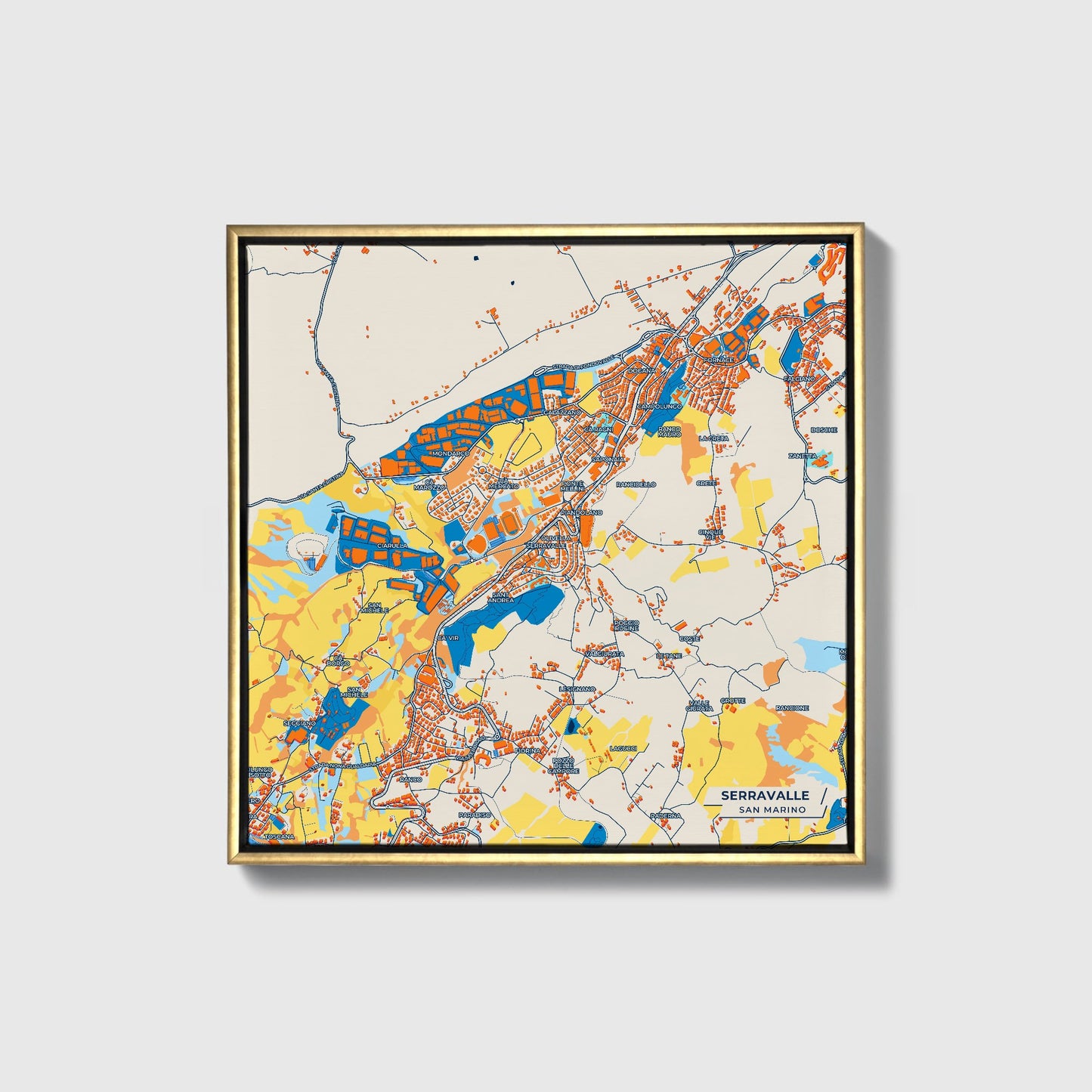Serravalle San Marino Colorful City Map Canvas Print • Gold Framed