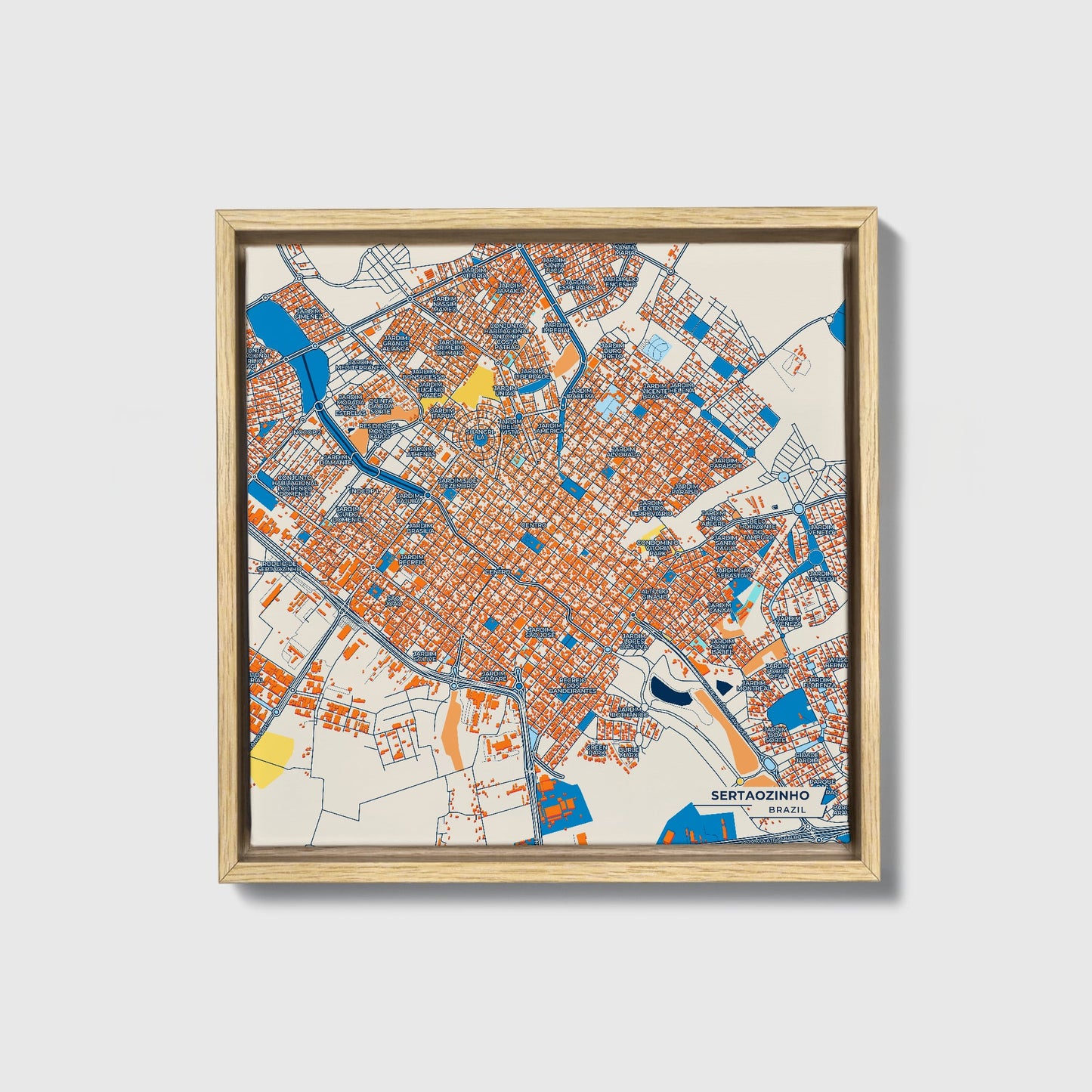 Sertaozinho Brazil Colorful City Map Canvas Print • Natural Wooden Framed