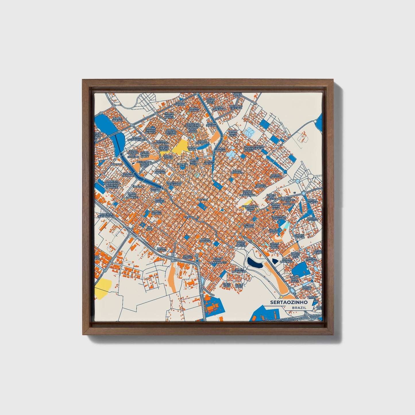 Sertaozinho Brazil Colorful City Map Canvas Print • Dark Wooden Framed