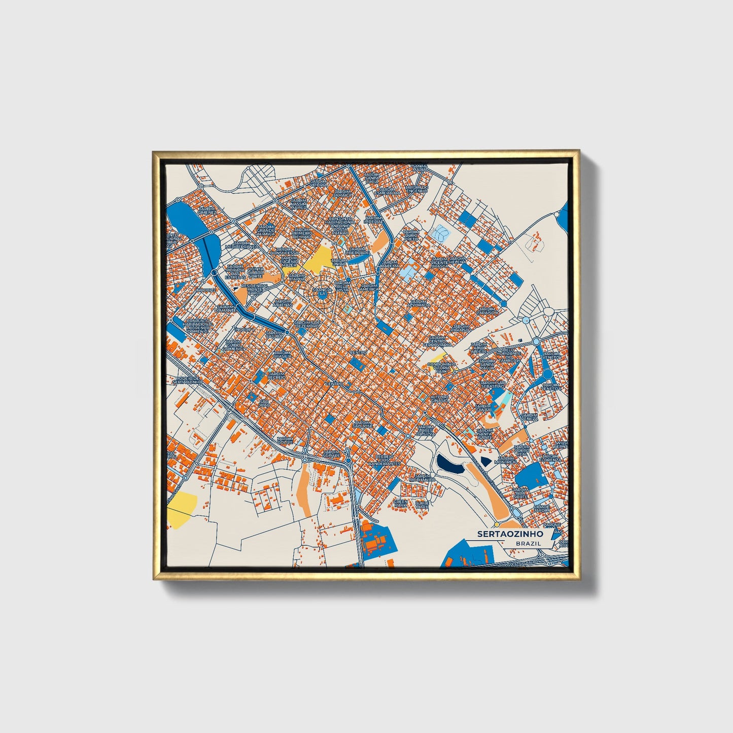 Sertaozinho Brazil Colorful City Map Canvas Print • Gold Framed