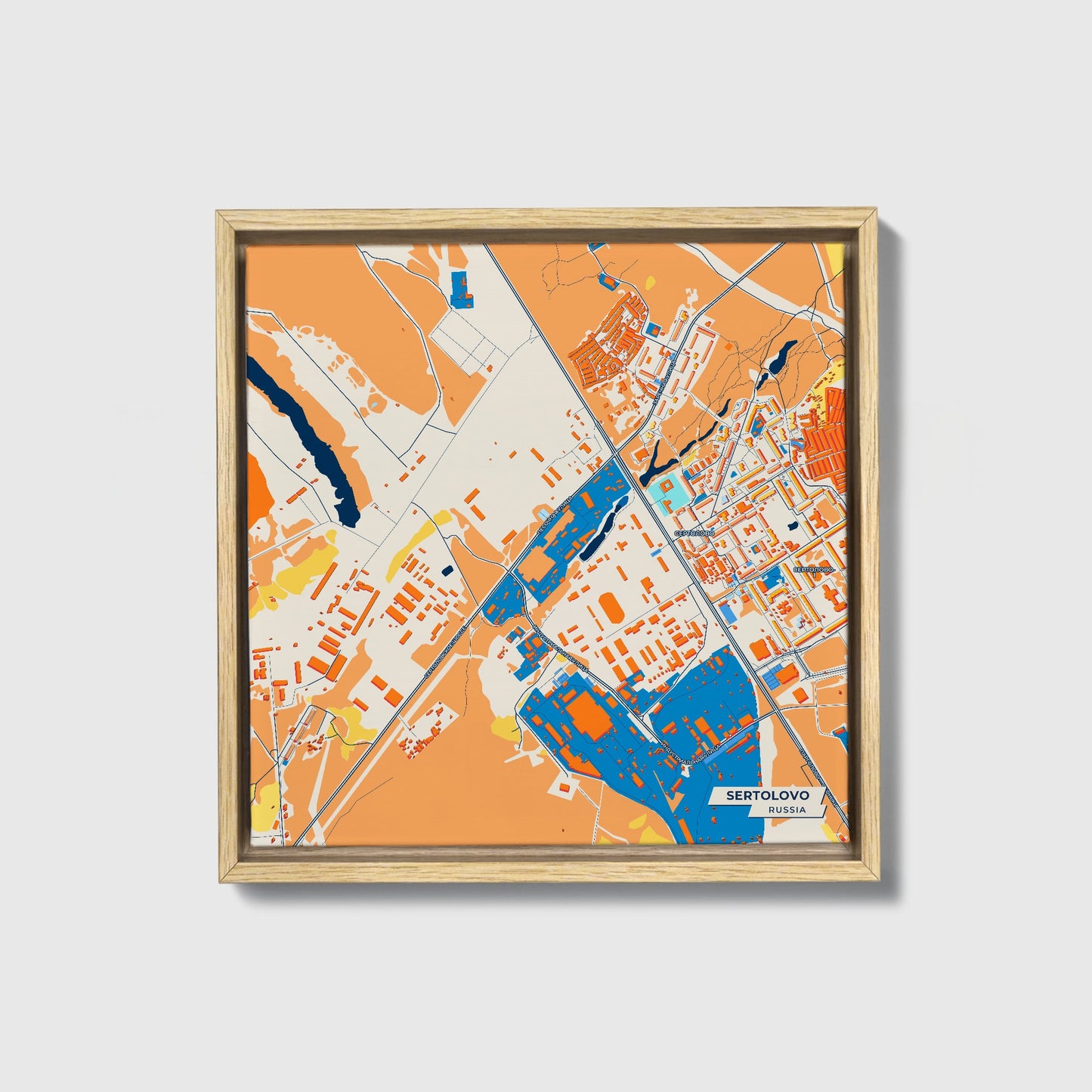 Сертолово Russia Colorful City Map Canvas Print • Natural Wooden Framed
