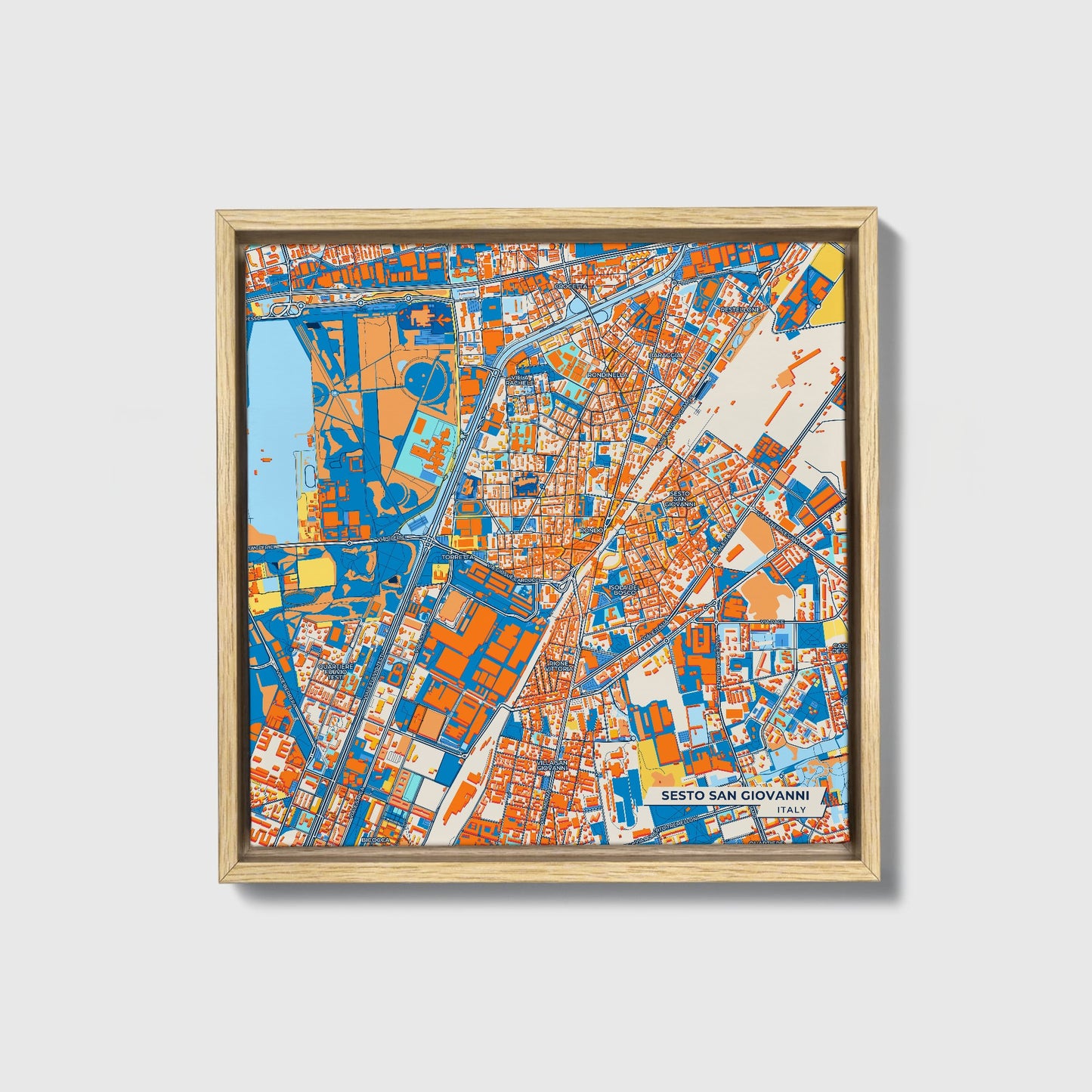 Sesto San Giovanni Italy Colorful City Map Canvas Print • Natural Wooden Framed