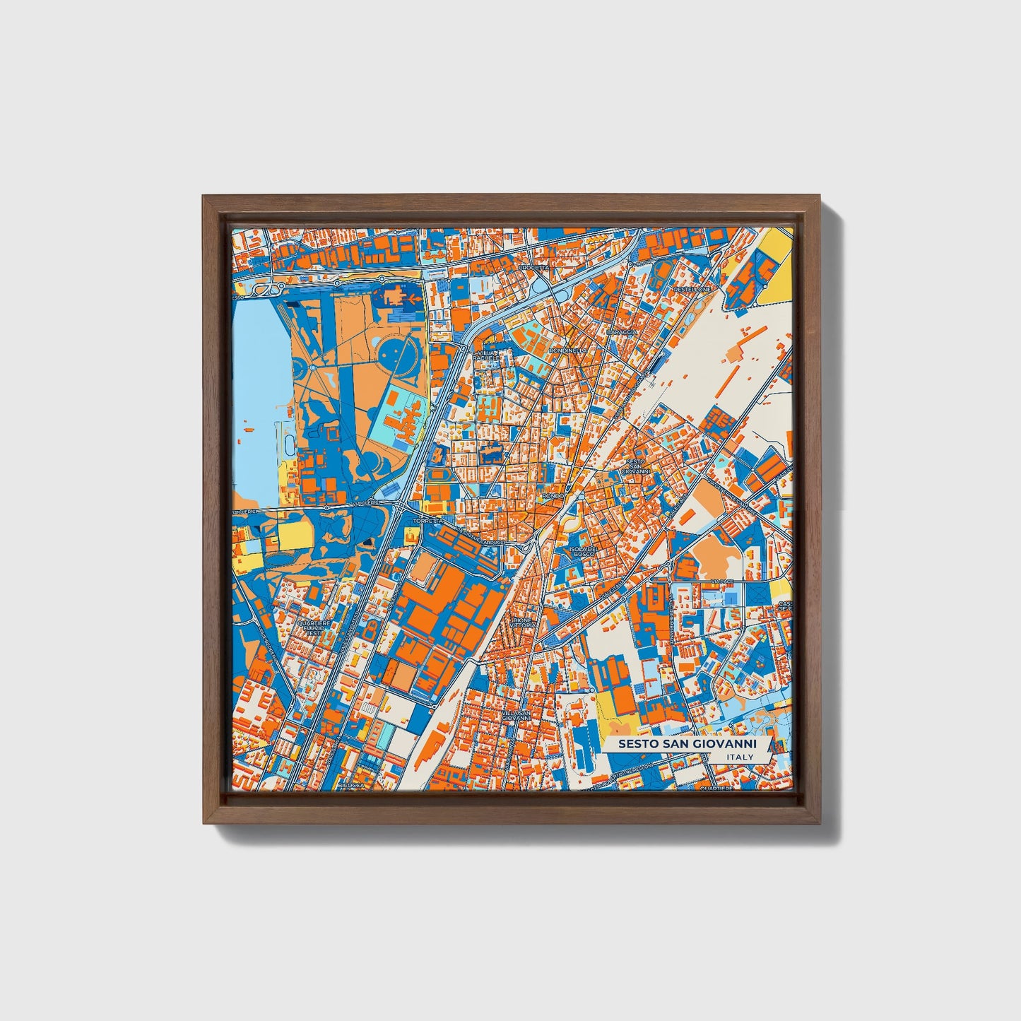 Sesto San Giovanni Italy Colorful City Map Canvas Print • Dark Wooden Framed