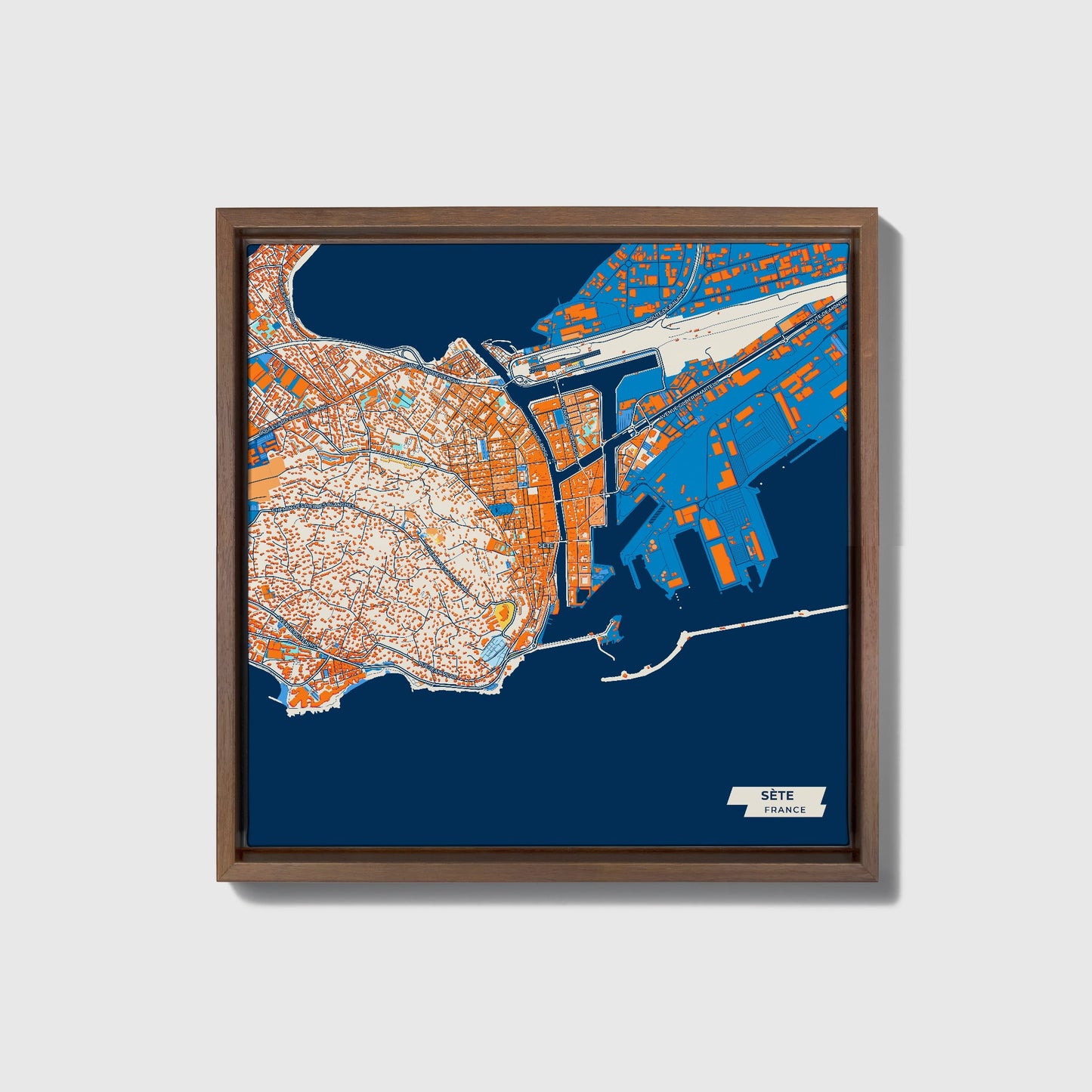 Sète France Colorful City Map Canvas Print • Dark Wooden Framed
