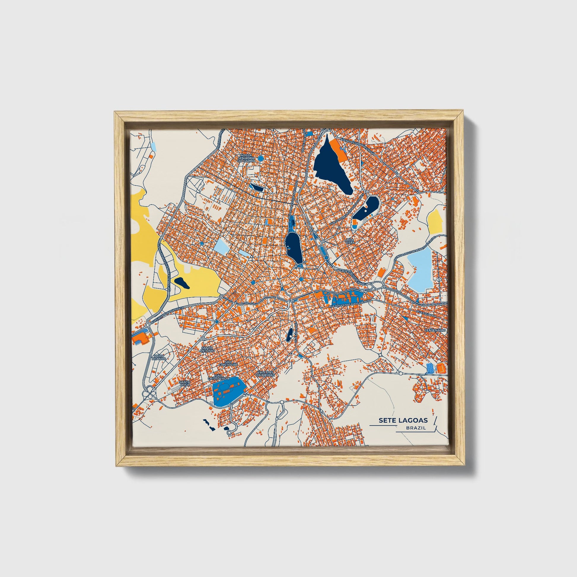 Sete Lagoas Brazil Colorful City Map Canvas Print • Natural Wooden Framed