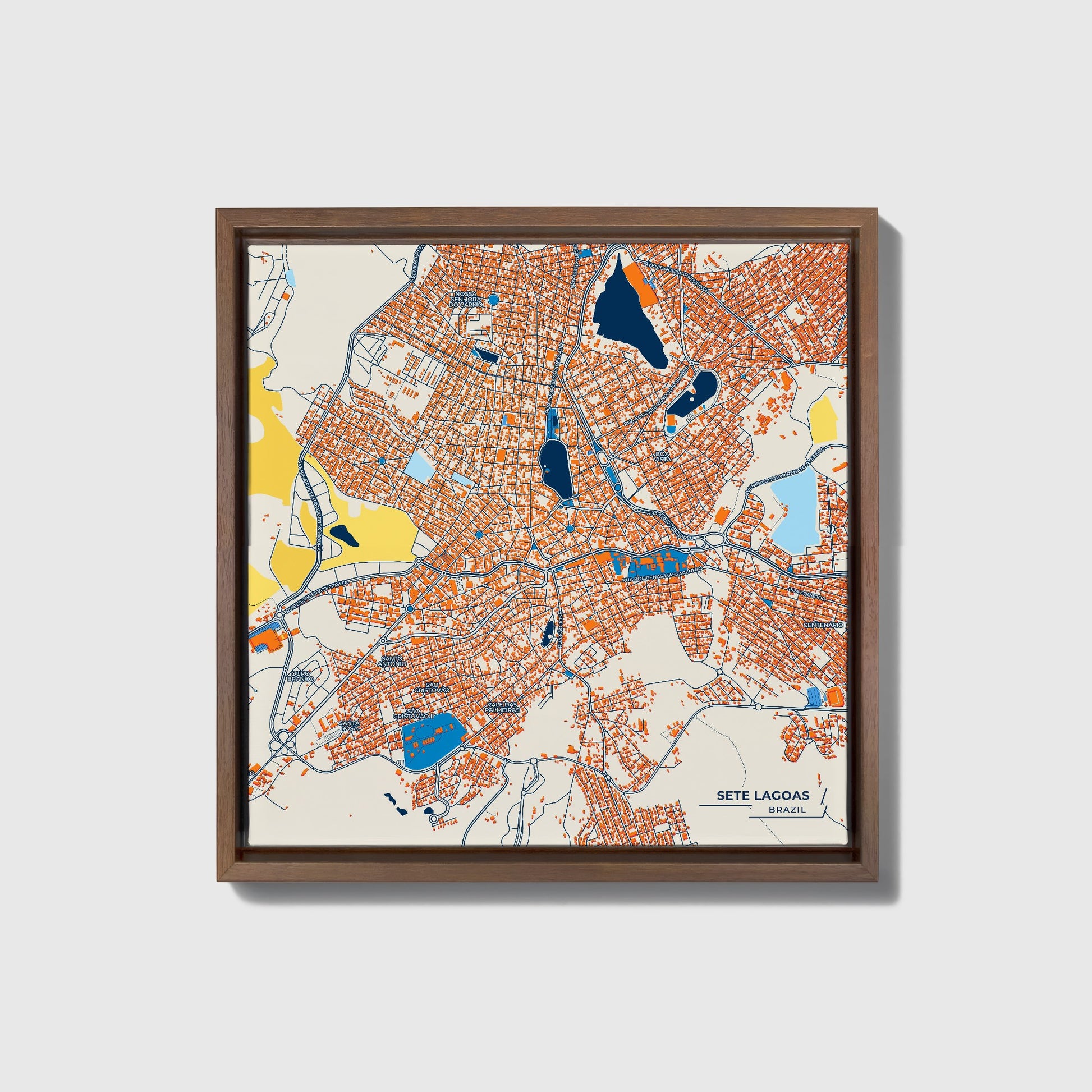 Sete Lagoas Brazil Colorful City Map Canvas Print • Dark Wooden Framed