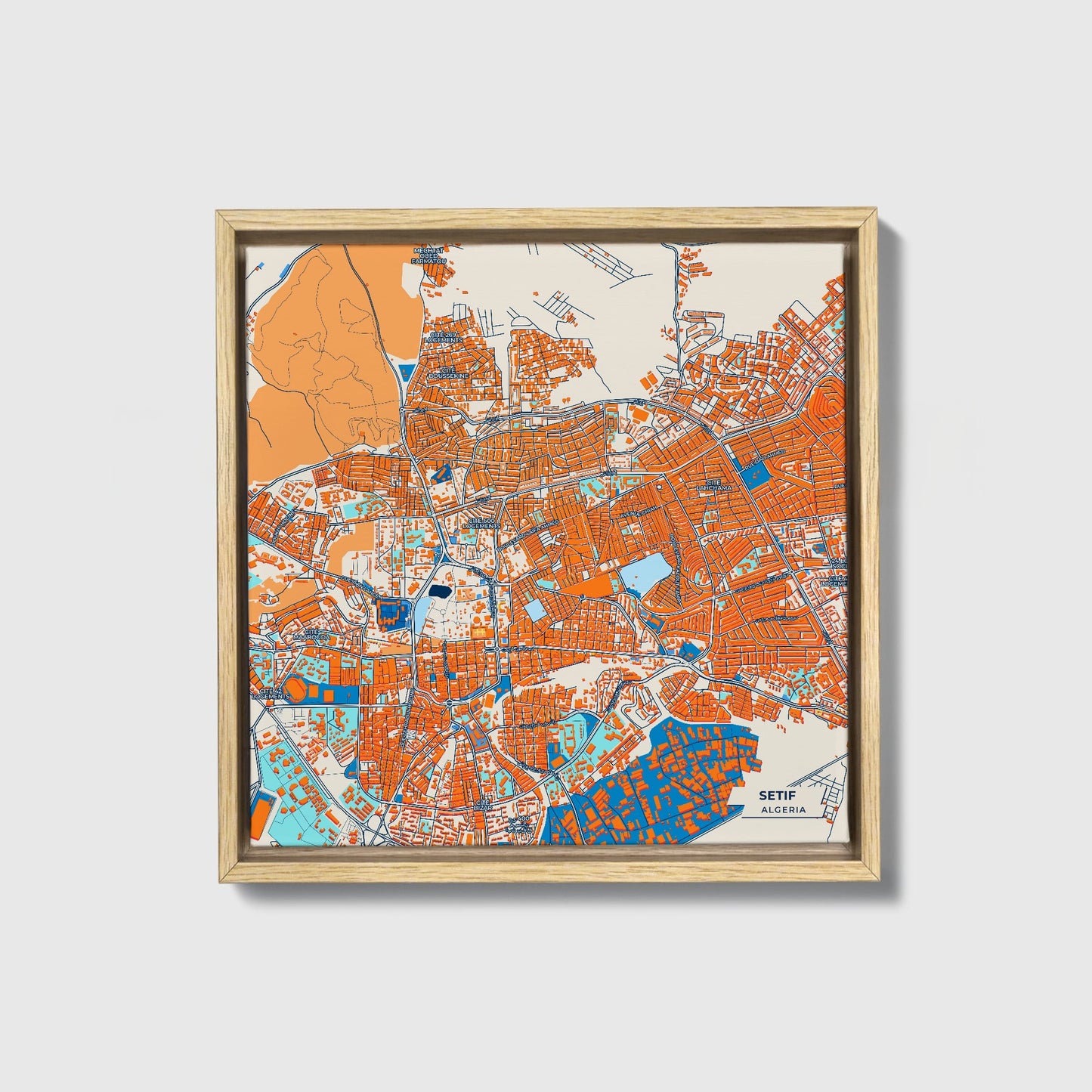 Setif Algeria Colorful City Map Canvas Print • Natural Wooden Framed