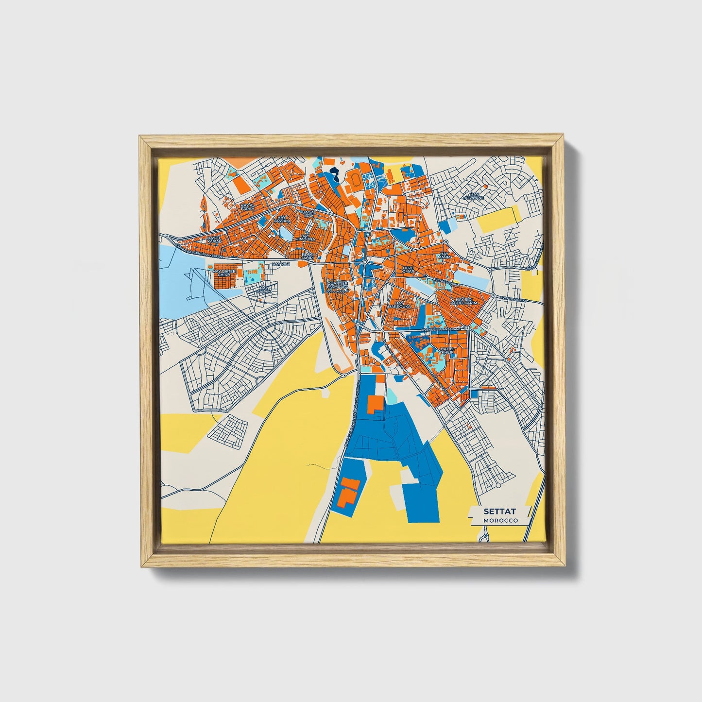 Settat Morocco Colorful City Map Canvas Print • Natural Wooden Framed