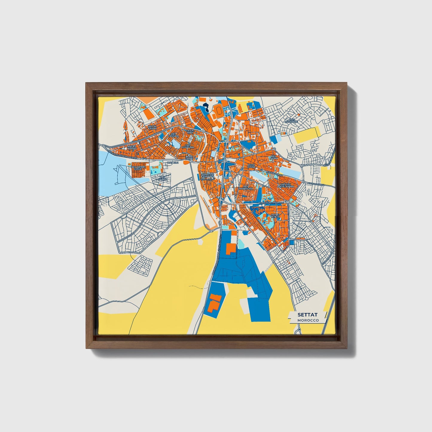 Settat Morocco Colorful City Map Canvas Print • Dark Wooden Framed