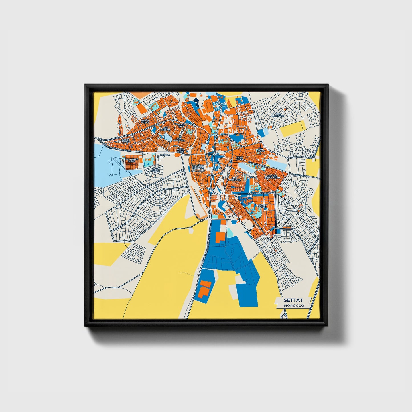 Settat Morocco Colorful City Map Canvas Print • Black Framed