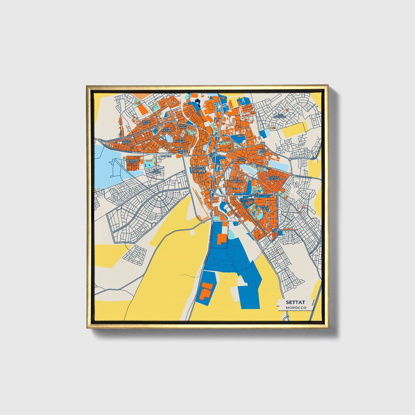 Settat Morocco Colorful City Map Canvas Print • Gold Framed