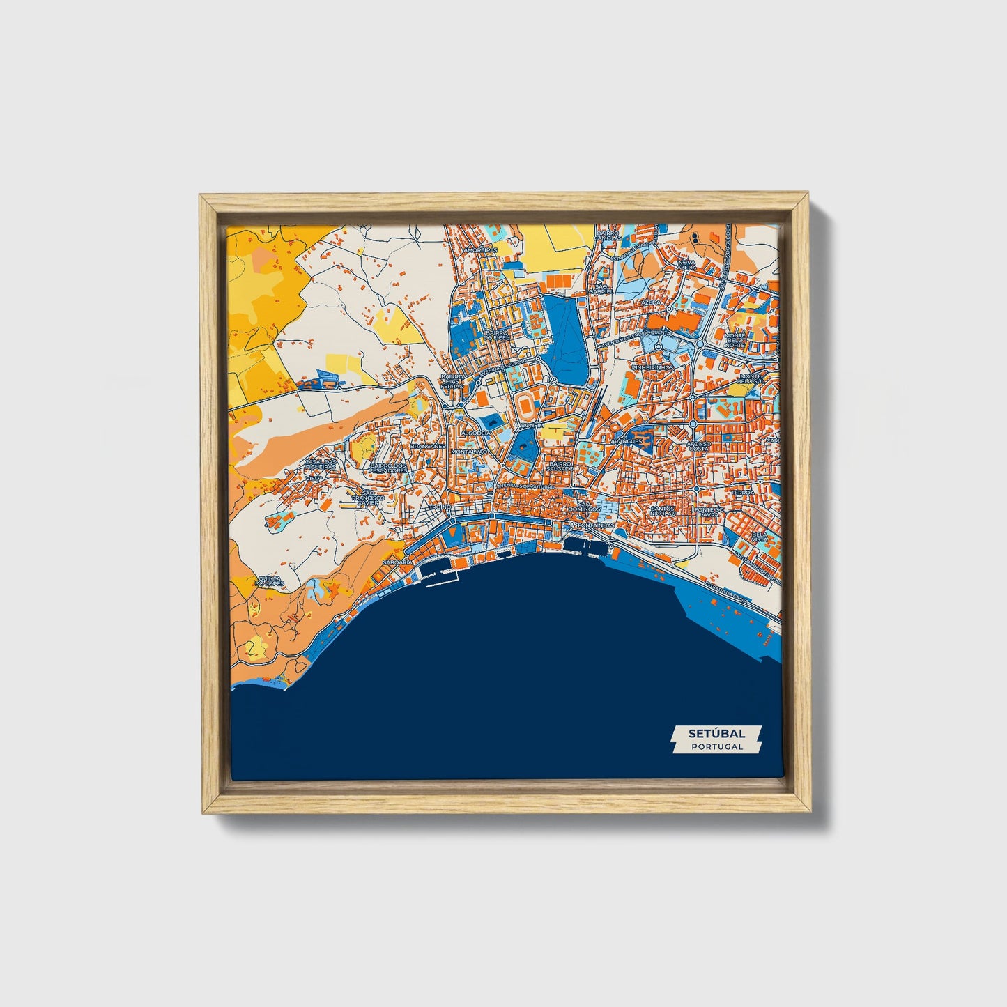 Setúbal Portugal Colorful City Map Canvas Print • Natural Wooden Framed