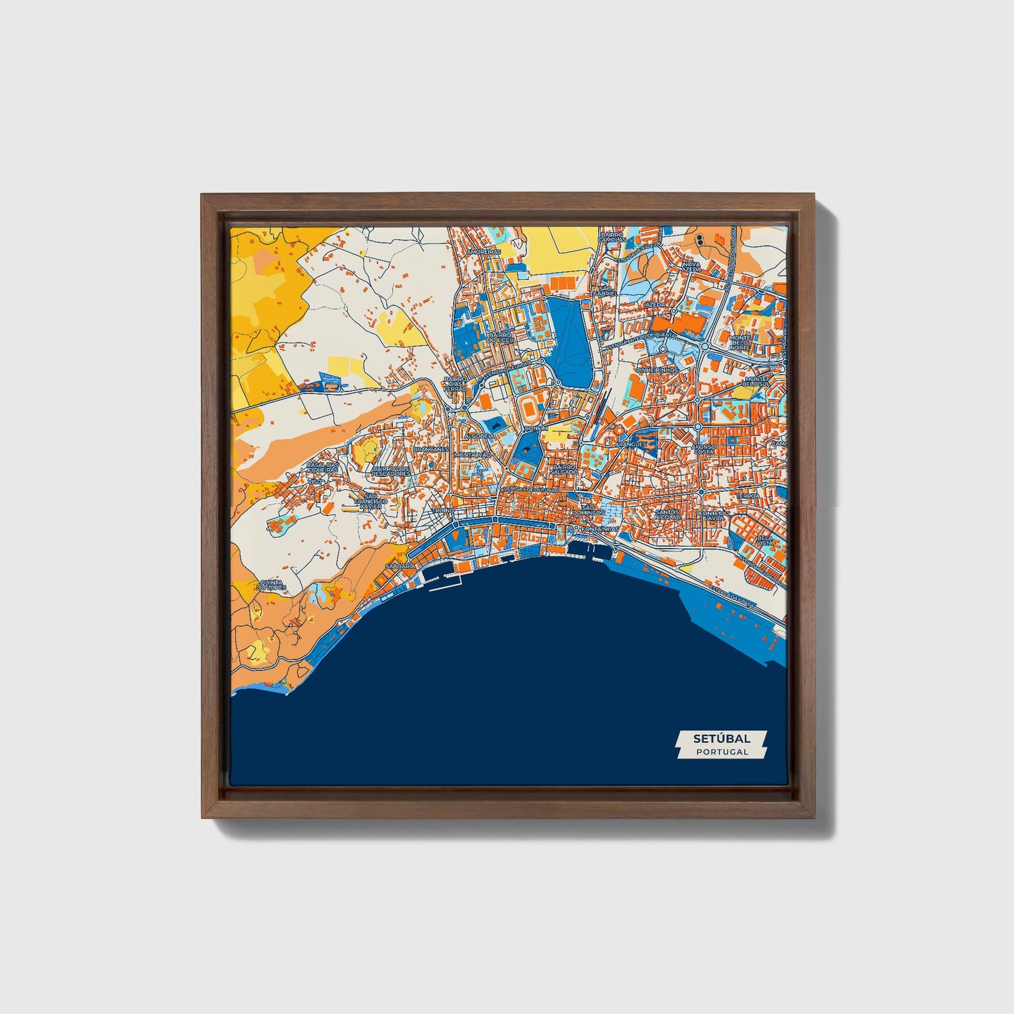 Setúbal Portugal Colorful City Map Canvas Print • Dark Wooden Framed