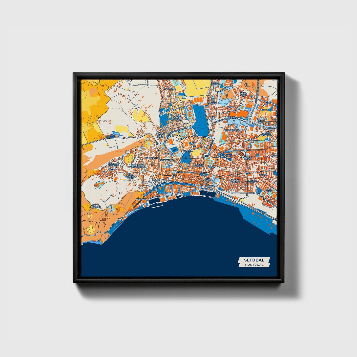 Setúbal Portugal Colorful City Map Canvas Print • Black Framed