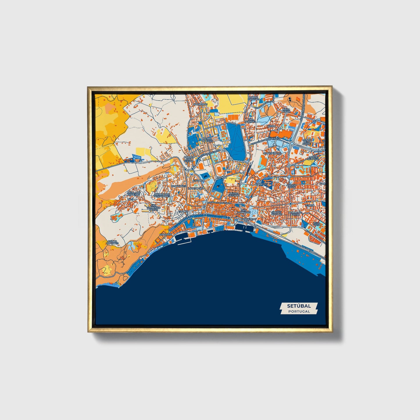 Setúbal Portugal Colorful City Map Canvas Print • Gold Framed