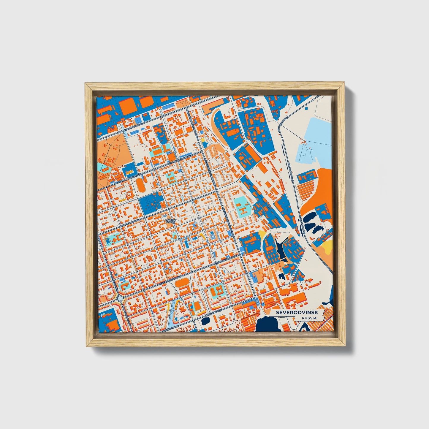 Северодвинск Russia Colorful City Map Canvas Print • Natural Wooden Framed