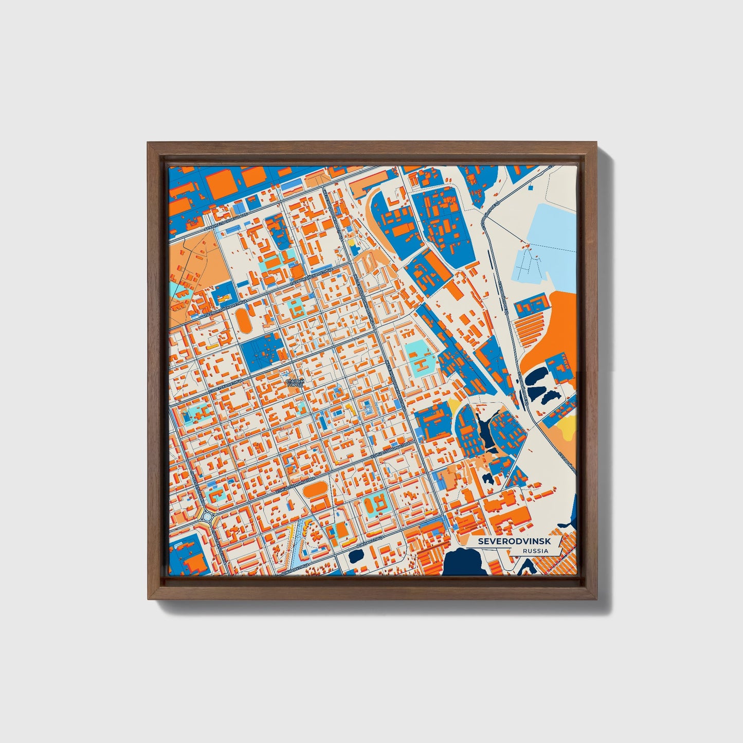 Северодвинск Russia Colorful City Map Canvas Print • Dark Wooden Framed