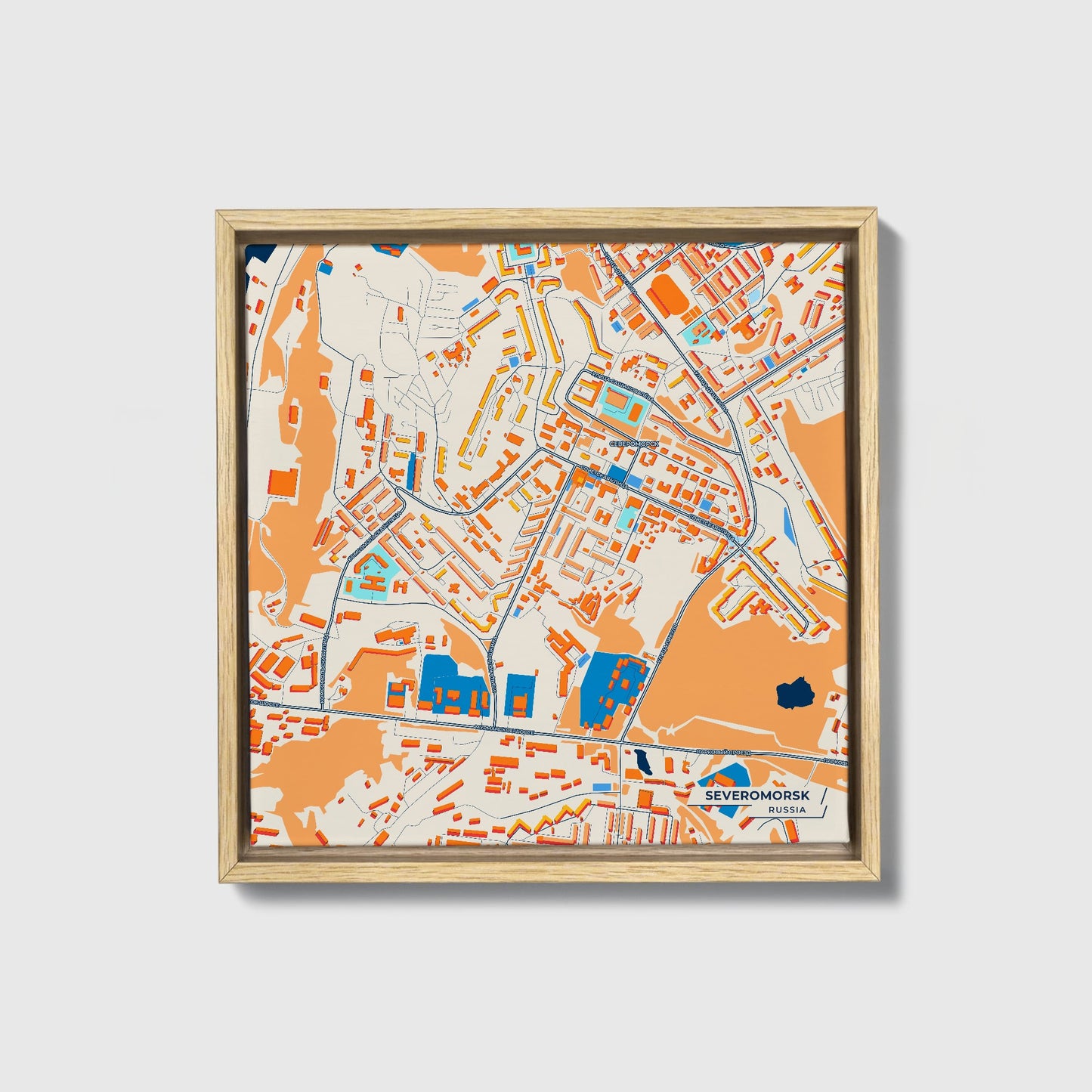 Североморск Russia Colorful City Map Canvas Print • Natural Wooden Framed